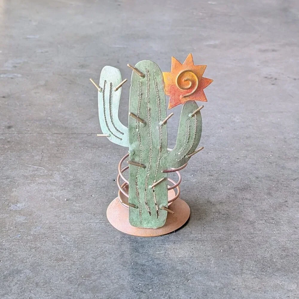 Green Cactus and Yellow Sun Metal Candle Holder Southwest Home Decor